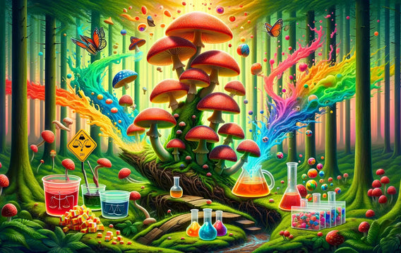 Amanita mushrooms transition into gummies in a whimsical, colorful forest setting.