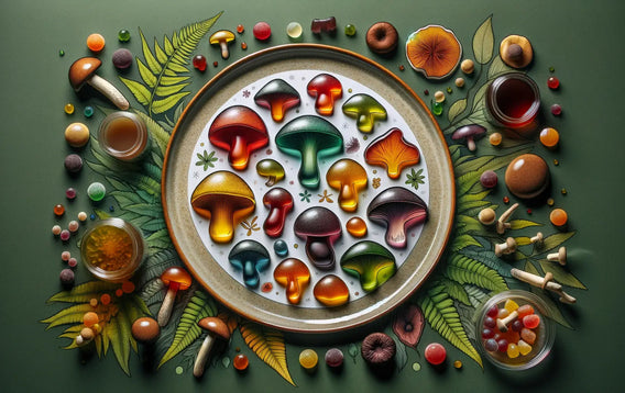 The concept of 'functional mushroom gummies.' The image depicts an array of colorful gummies in shapes reminiscent of various mushrooms, like Reishi, Lion's Mane, and Chaga, set against a vibrant, natural backdrop to emphasize their health benefits.