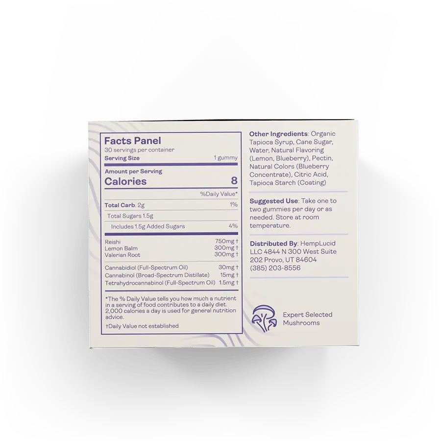 Back label showing the nutritional facts of HempLucid Sleep Gummies, detailed list of ingredients including Reishi, Lemon Balm, Valerian Root, and cannabinoid content for aiding sleep.