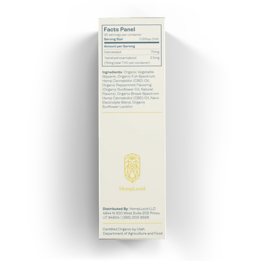 Detailed nutritional information for HempLucid 70mg CBD water soluble mint tincture, featuring organic ingredients and natural flavors.