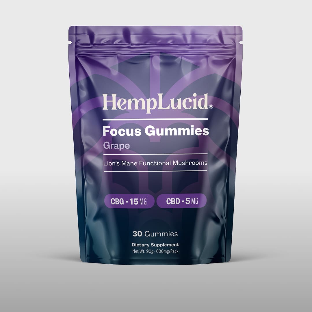 HempLucid Focus Gummies 30CT bag standing up, Grape flavor with Lion's Mane Functional Mushrooms and 45mg of CBG and 5mg of CBD per gummy