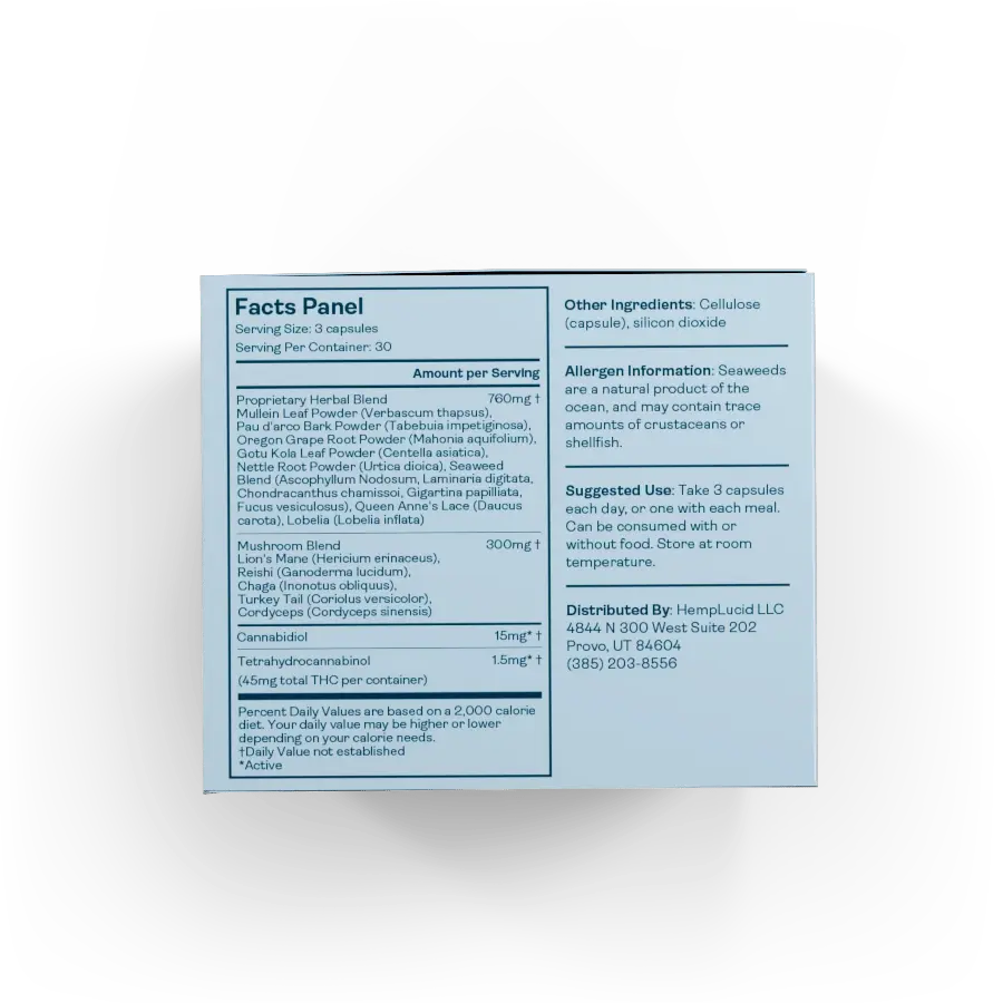 Nutrition facts label of HempLucid Stress Relief Capsules detailing a proprietary herbal blend with reishi and lion's mane mushrooms, small amount of THC, and full-spectrum CBD for enhanced calm.