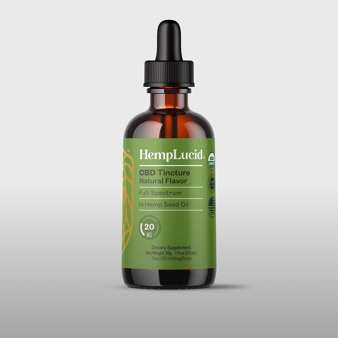 A 30ml amber glass dropper bottle of HempLucid CBD Tincture in Natural Flavor, featuring a green label and black dropper cap, set against a light gray gradient background.