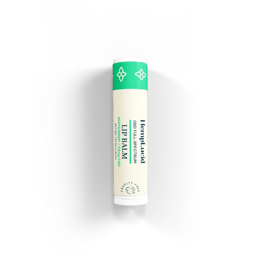 HempLucid Peppermint Lip Balm in a conveniently sized tube with a 50mg CBD potency, featuring a vibrant green label.
