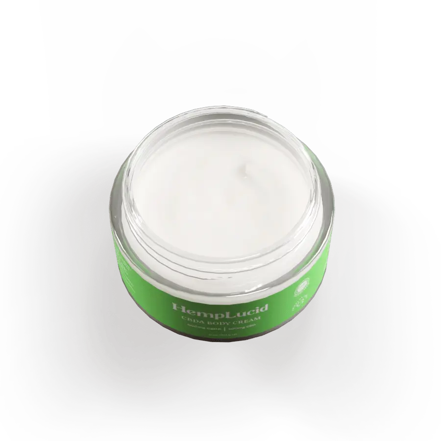 Open jar of HempLucid CBDA Body Cream, showcasing the creamy texture, ideal for skin application.