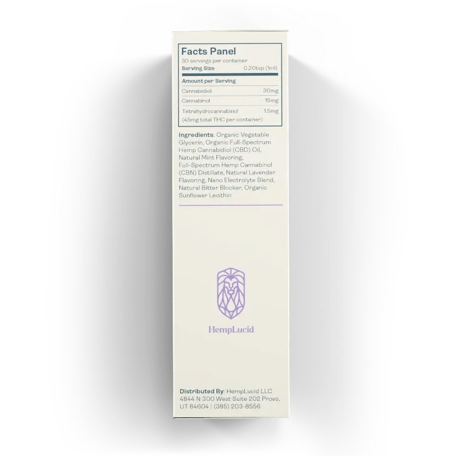 Detailed ingredients and dosage information on the facts panel of HempLucid's water soluble sleep formula with CBN, CBD, THC, natural mint, and lavender flavoring.