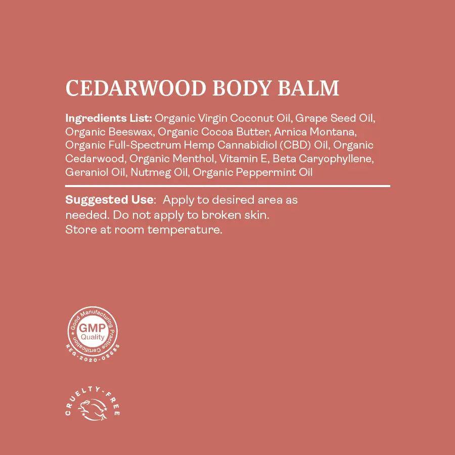 Detailed ingredients list and suggested use for HempLucid Cedarwood Body Balm, including organic coconut oil, beeswax, CBD oil, and essential oils, certified cruelty-free and GMP quality.