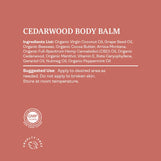 Detailed ingredients list and suggested use for HempLucid Cedarwood Body Balm, including organic coconut oil, beeswax, CBD oil, and essential oils, certified cruelty-free and GMP quality.