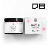 HempLucid Delta-8 Strawberry Gummy Cubes, 25mg per serving, 750mg total, displayed in a black container and a white box with product information.
