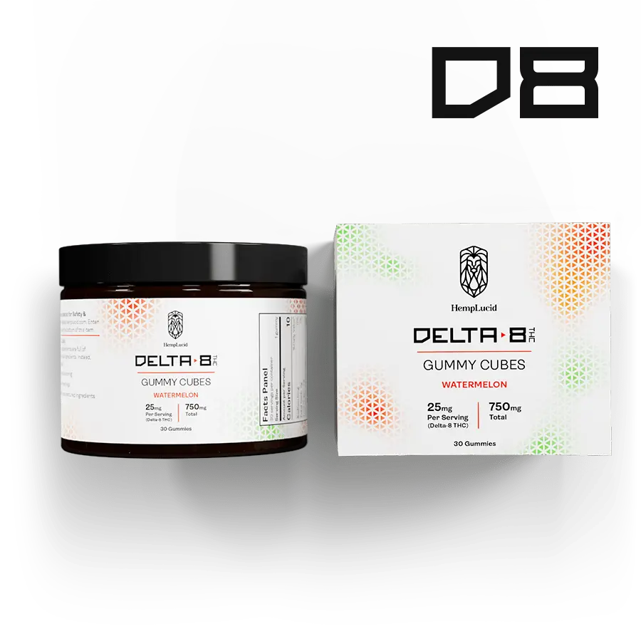 HempLucid Delta-8 THC Watermelon Flavored Gummy Cubes in a black jar beside its box with a prominent company logo and product details.