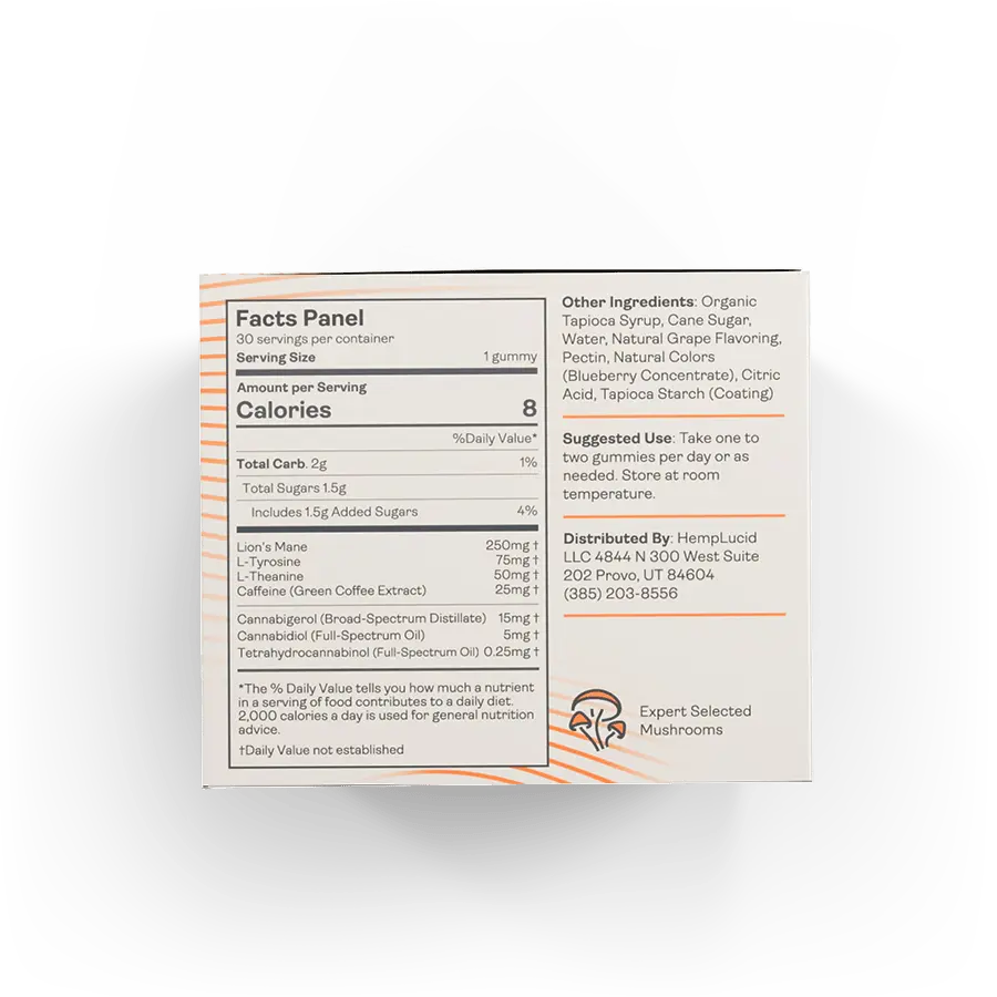Nutritional facts panel for HempLucid Focus Mushroom Gummies with Lion's Mane, detailing calorie content, ingredients including Lion's Mane and caffeine, and suggested use.