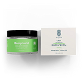 HempLucid CBDA Body Cream 500mg CBDA and 500mg CBD in a green labeled jar next to its packaging, highlighting the natural and full-spectrum properties.