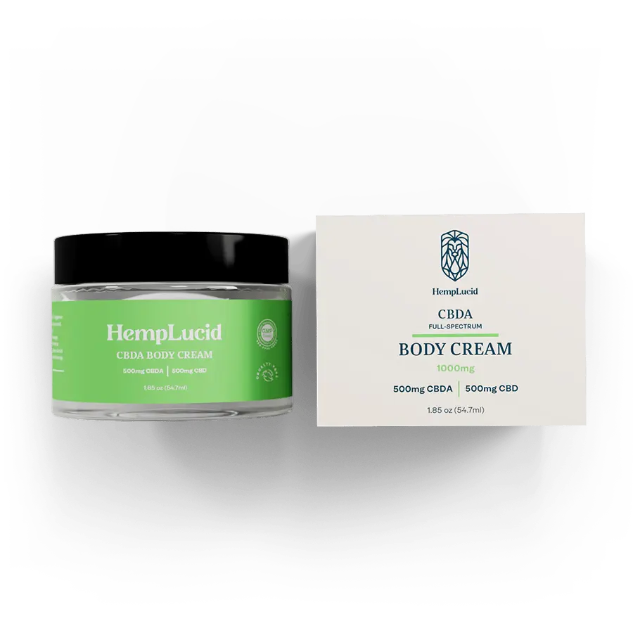 HempLucid CBDA Body Cream 500mg CBDA and 500mg CBD in a green labeled jar next to its packaging, highlighting the natural and full-spectrum properties.