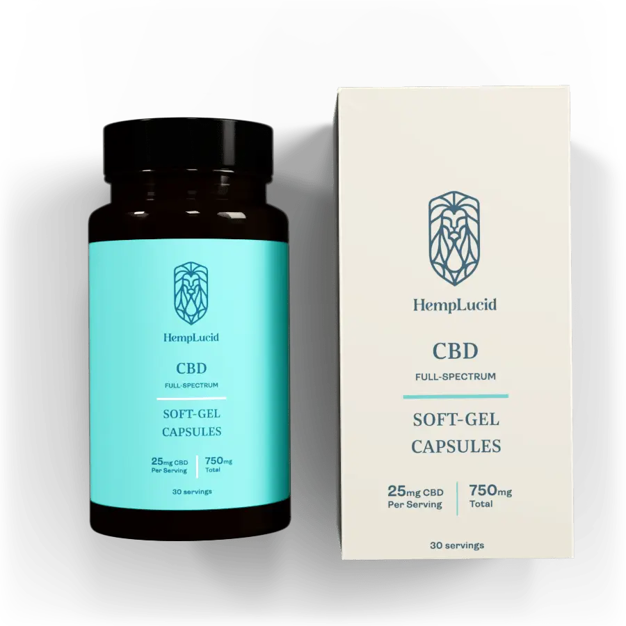HempLucid 25mg Full-Spectrum CBD THC Soft-Gel Capsules, displayed in a amber bottle with teal label next to its white packaging box, detailing 750mg total CBD content.