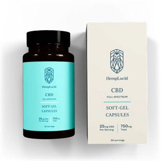 HempLucid 25mg Full-Spectrum CBD THC Soft-Gel Capsules, displayed in a amber bottle with teal label next to its white packaging box, detailing 750mg total CBD content.