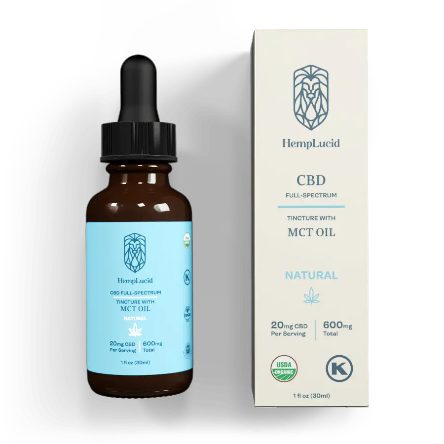 HempLucid Full-Spectrum CBD 600mg Tincture with MCT Oil, 20mg per serving in a dropper bottle beside its white packaging.