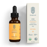 HempLucid Full-Spectrum CBD USDA Organic Tincture with Hemp Seed Oil, natural flavor, 20mg per serving, 600mg total in a dropper bottle beside its white packaging.
