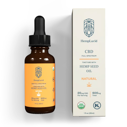 HempLucid Full-Spectrum CBD USDA Organic Tincture with Hemp Seed Oil, natural flavor, 20mg per serving, 600mg total in a dropper bottle beside its white packaging.