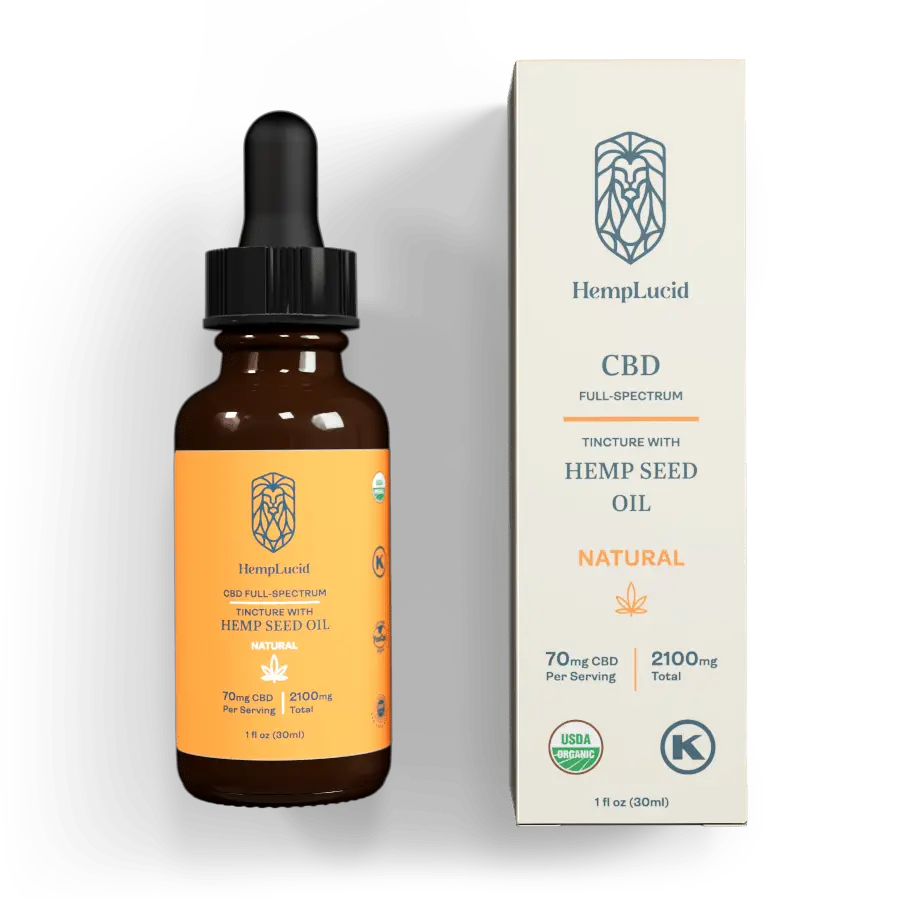 HempLucid Full-Spectrum CBD USDA Organic Tincture with Hemp Seed Oil, natural flavor, 70mg per serving, 2100mg total in a dropper bottle beside its white packaging.