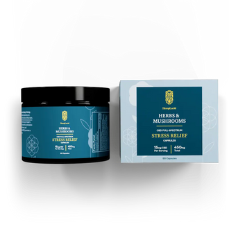 Display of HempLucid Herbs & Mushrooms Stress Relief Capsules, offering 15mg CBD and a trace amount of THC per serving, in a total content of 450mg CBD.