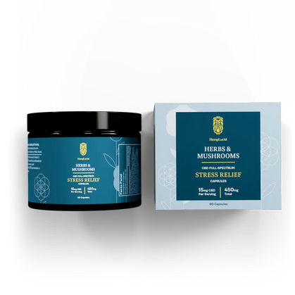 Display of HempLucid Herbs & Mushrooms Stress Relief Capsules, offering 15mg CBD and a trace amount of THC per serving, in a total content of 450mg CBD.