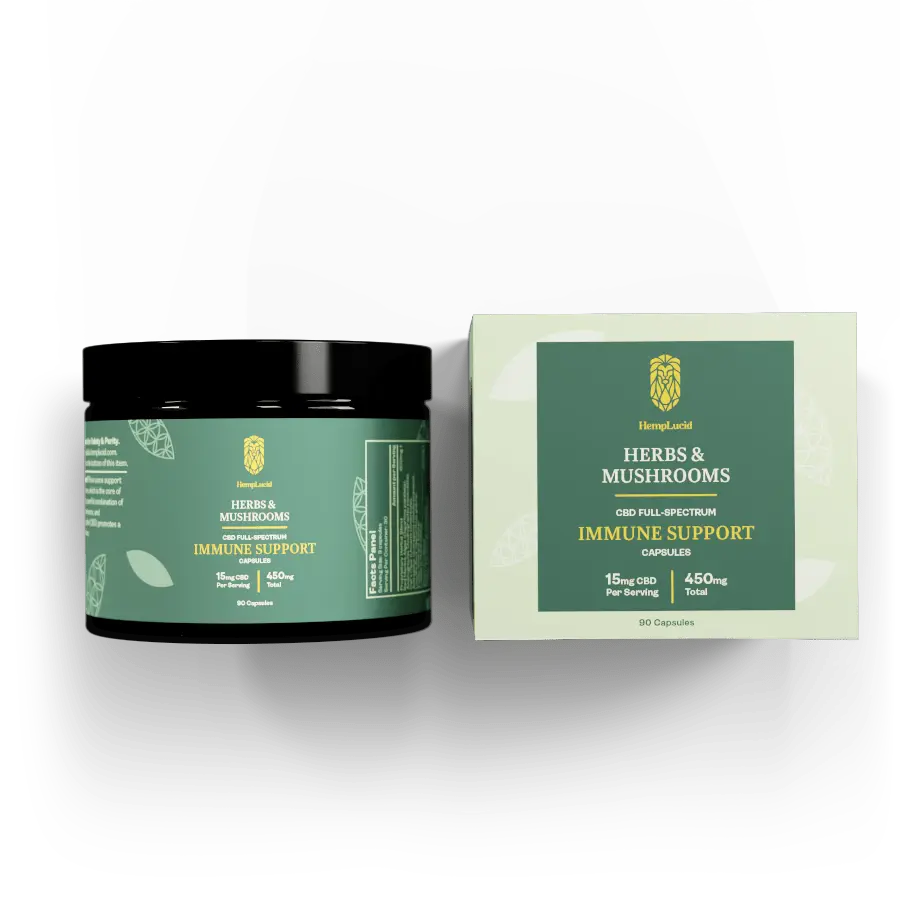 HempLucid Herbs & Mushrooms Immune Support capsules displayed in a black jar next to its green and white packaging box detailing 450mg total CBD content.