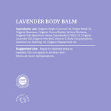 Ingredients list and suggested use for HempLucid Lavender Body Balm, including organic coconut oil, beeswax, CBD oil, and lavender essential oils, certified cruelty-free and GMP quality.