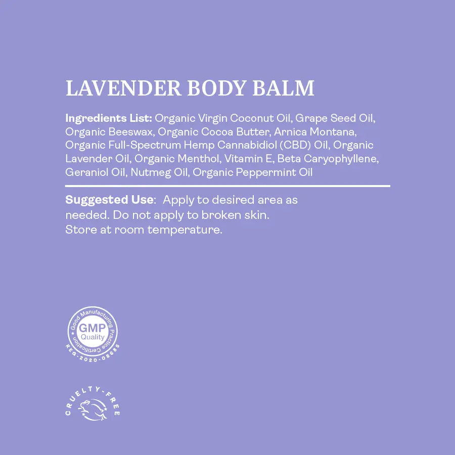 Ingredients list and suggested use for HempLucid Lavender Body Balm, including organic coconut oil, beeswax, CBD oil, and lavender essential oils, certified cruelty-free and GMP quality.