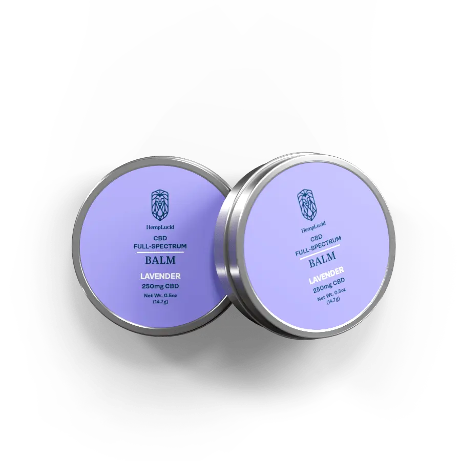 Two tins of HempLucid CBD Full-Spectrum Balm with Lavender, each containing 250mg CBD, showcased with light purple labels.