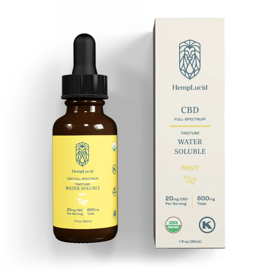 HempLucid water soluble CBD tincture in mint flavor, 20mg dosage, showcased with its packaging, highlighting the USDA organic certification