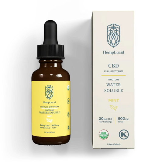 HempLucid water soluble CBD tincture in mint flavor, 20mg dosage, showcased with its packaging, highlighting the USDA organic certification