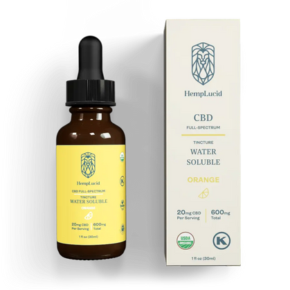 HempLucid Water Soluble 600mg CBD tincture in Orange flavor, 20mg dosage, showcased with its packaging, highlighting the USDA organic certification