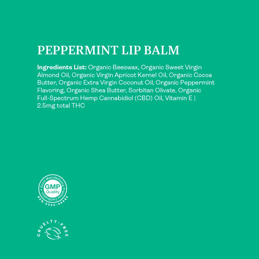 Ingredients list for HempLucid Peppermint Lip Balm detailing organic components like beeswax and coconut oil, enriched with 50mg of full-spectrum CBD.
