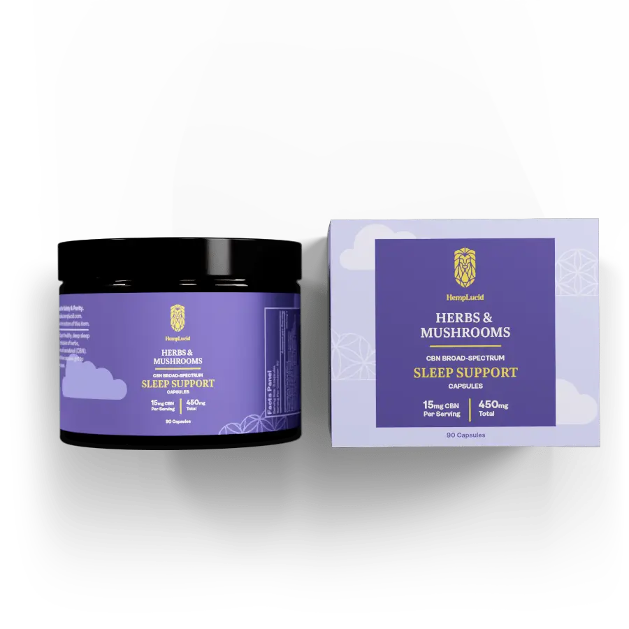 Image of HempLucid Herbs & Mushrooms Sleep Support Capsules, featuring 15mg CBN and 450mg Total cannabinoids per serving, in a purple and black labeled container.