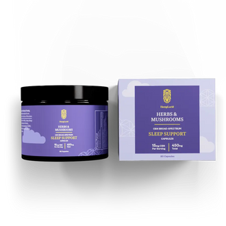 Image of HempLucid Herbs & Mushrooms Sleep Support Capsules, featuring 15mg CBN and 450mg Total cannabinoids per serving, in a purple and black labeled container.