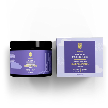 Image of HempLucid Herbs & Mushrooms Sleep Support Capsules, featuring 15mg CBN and 450mg Total cannabinoids per serving, in a purple and black labeled container.