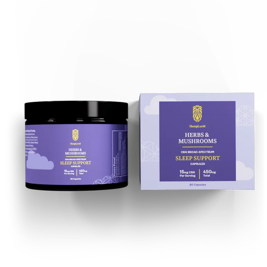 Image of HempLucid Herbs & Mushrooms Sleep Support Capsules, featuring 15mg CBN and 450mg Total cannabinoids per serving, in a purple and black labeled container.