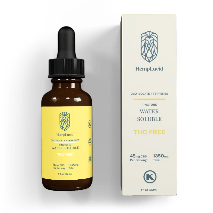Image showing HempLucid THC Free CBD Isolate with Terpenes Water Soluble Tincture bottle alongside its packaging, highlighting 45mg per serving and 1350mg total CBD, ideal for precise dosing without THC.