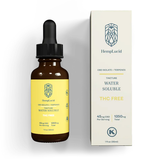 Image showing HempLucid THC Free CBD Isolate with Terpenes Water Soluble Tincture bottle alongside its packaging, highlighting 45mg per serving and 1350mg total CBD, ideal for precise dosing without THC.