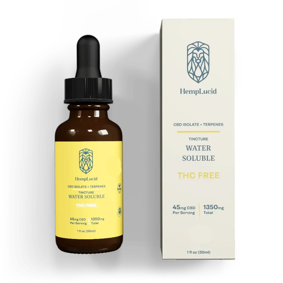 Image showing HempLucid THC Free CBD Isolate with Terpenes Water Soluble Tincture bottle alongside its packaging, highlighting 45mg per serving and 1350mg total CBD, ideal for precise dosing without THC.