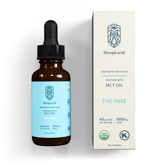 Display of HempLucid's organic THC free CBD broad-spectrum tincture with MCT oil, 45mg CBD per serving, 1350mg total, certified USDA organic and kosher.