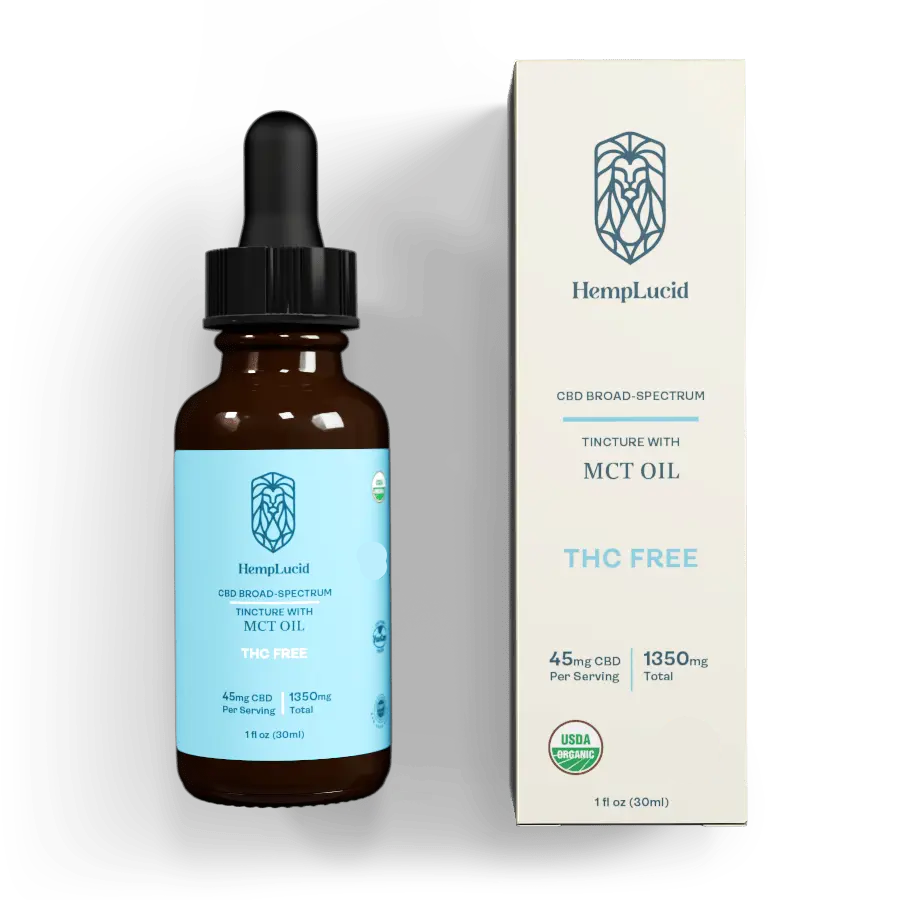 Display of HempLucid's organic THC free CBD broad-spectrum tincture with MCT oil, 45mg CBD per serving, 1350mg total, certified USDA organic and kosher.