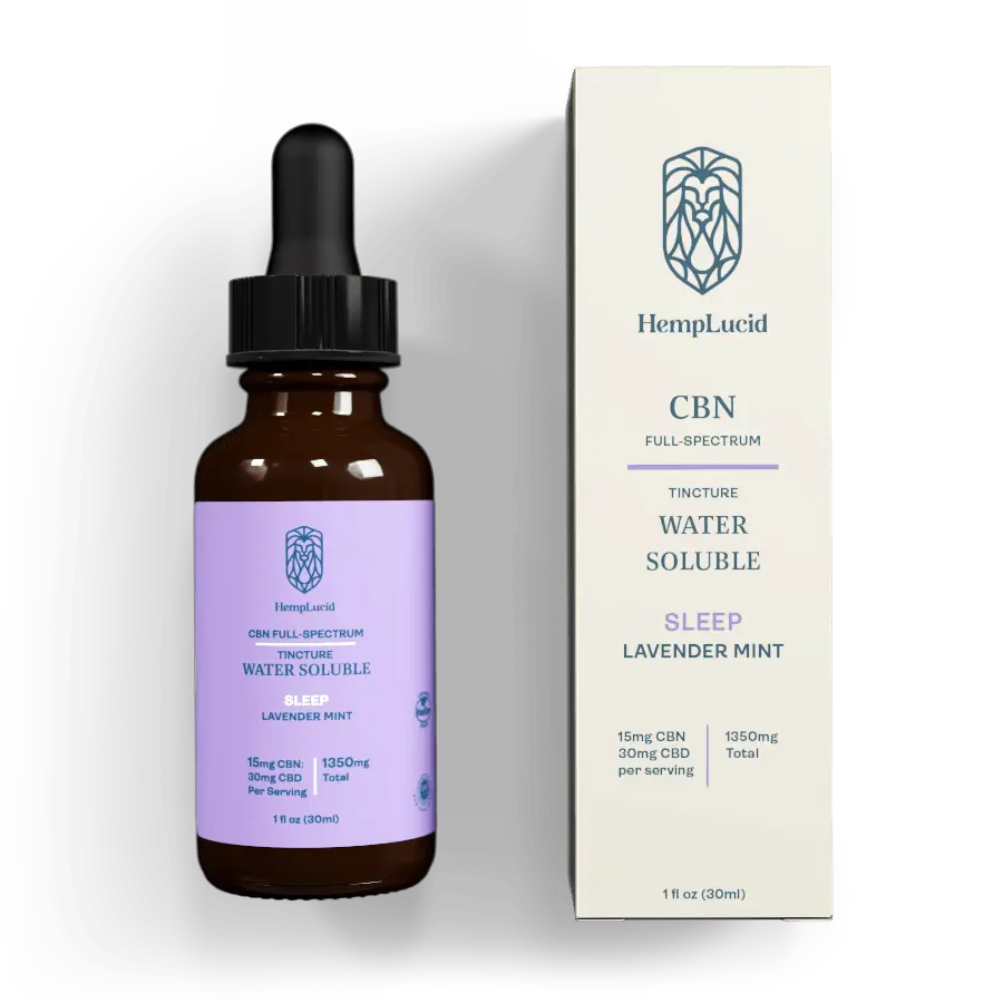 Front view of HempLucid water soluble sleep formula bottle and box, highlighting CBN and CBD content with lavender mint flavor, certified organic.