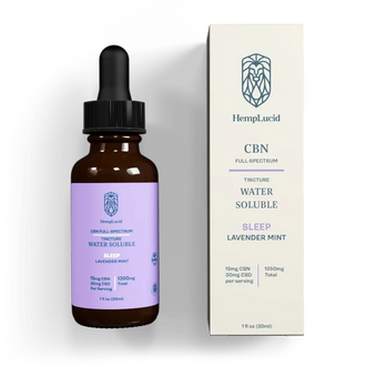 Front view of HempLucid water soluble sleep formula bottle and box, highlighting CBN and CBD content with lavender mint flavor, certified organic.