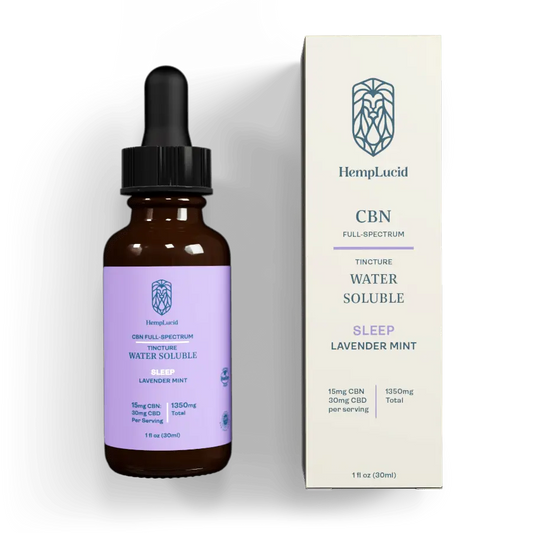 Front view of HempLucid water soluble sleep formula bottle and box, highlighting CBN and CBD content with lavender mint flavor, certified organic.