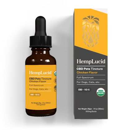 HempLucid CBD Full-Spectrum Pet Tincture in chicken flavor, 10mg CBD per serving, 300mg total, displayed alongside its white packaging box highlighting USDA Organic certification.