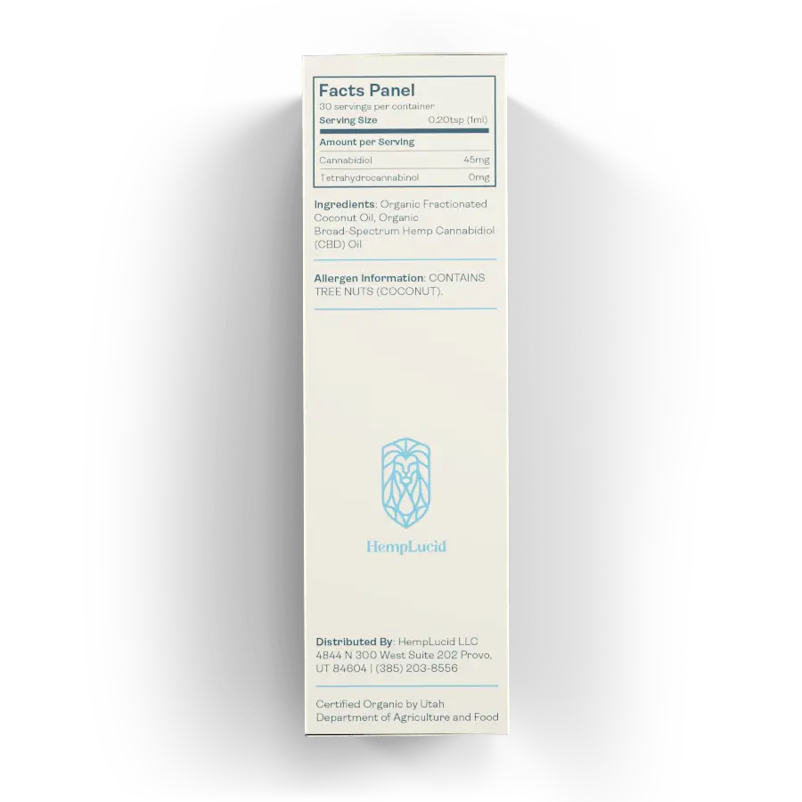 Detailed facts panel showing organic ingredients and nutritional information for HempLucid THC Free CBD Tincture with MCT Oil, 45mg CBD per serving, allergen information includes tree nuts (coconut).