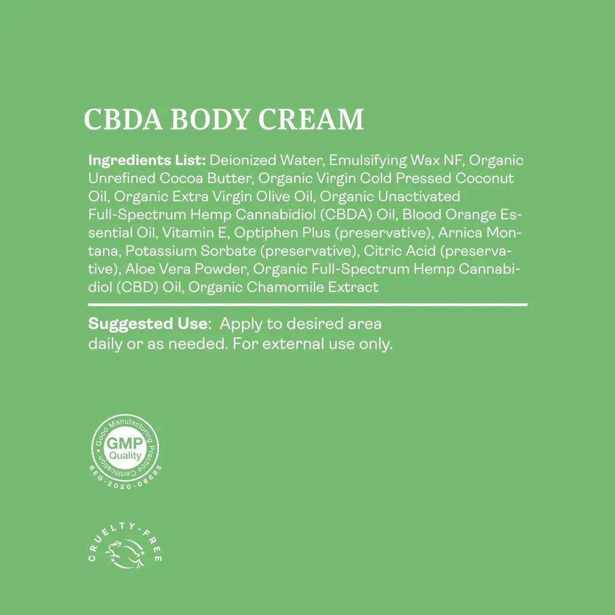 Detailed ingredients list of HempLucid CBDA Body Cream featuring organic cocoa butter, CBD and CBDA oils, and essential nutrients for skincare.