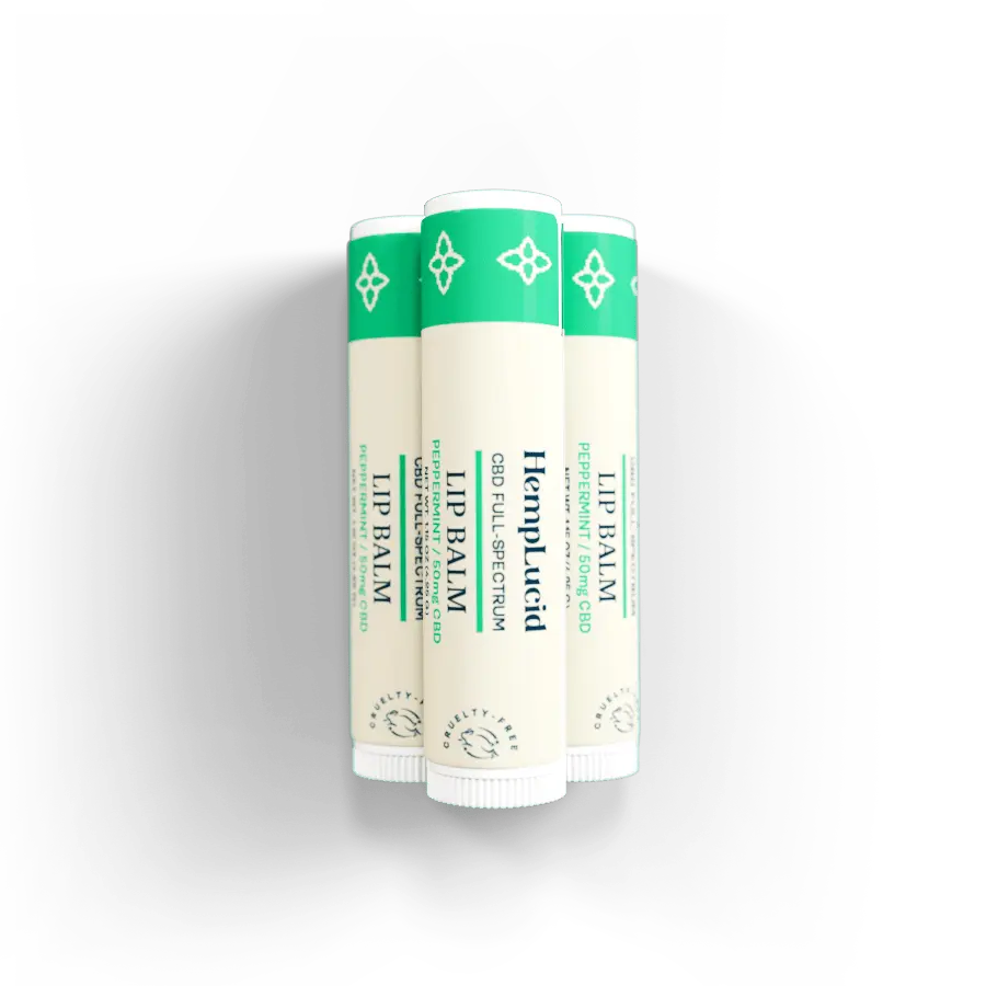 Three HempLucid Peppermint Full-Spectrum CBD Lip Balms displayed side by side, emphasizing the natural, therapeutic qualities of the product with clean and vibrant packaging.