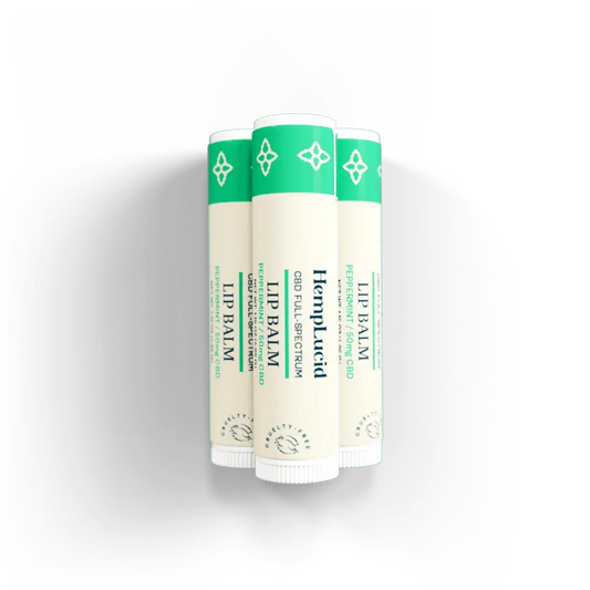 Three HempLucid Peppermint Full-Spectrum CBD Lip Balms displayed side by side, emphasizing the natural, therapeutic qualities of the product with clean and vibrant packaging.